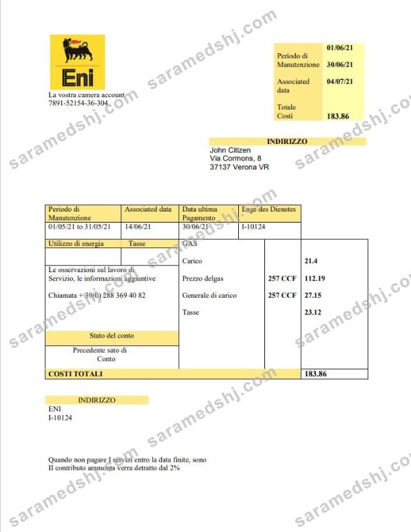 Italy Gas utility bill template in .doc and .pdf format, fully editable